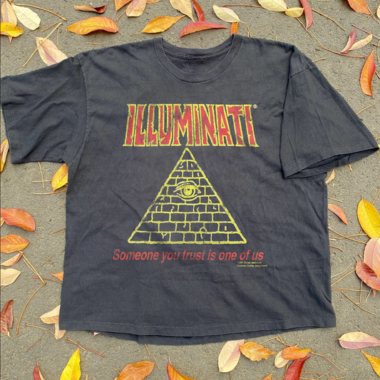 ILLUMINATI 1997 STEVE JACKS0N GAMES RARE VINTAGE WASHED BLACK T-SHIRT